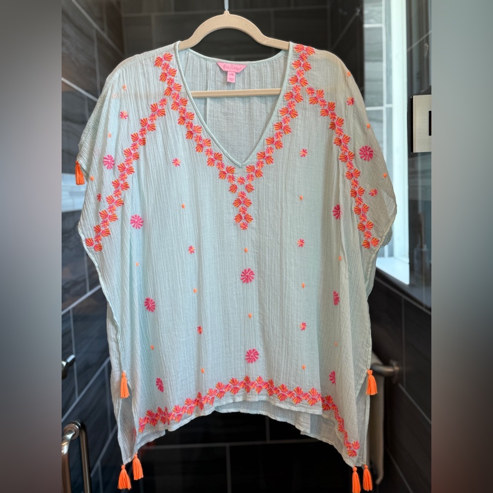Lilly Pulitzer Sydney Caftan Top Embroidered Mint Green Oversized L/XL